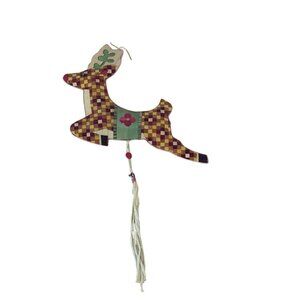 Vintage Woven Bamboo Reindeer Christmas Ornament With Tassel Handcrafted 5.5 In.